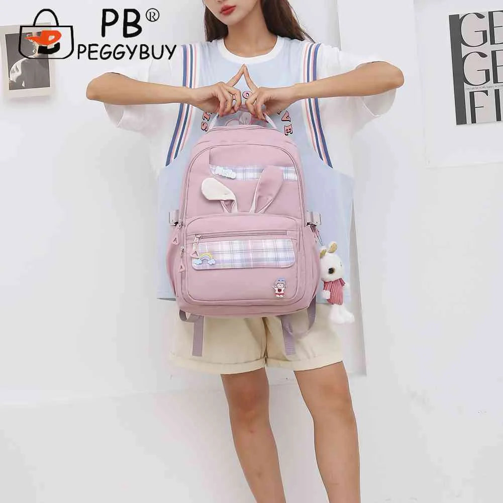 Girl Rabbit Student Backpack Large Capacity Travel Book Backpack Plaid