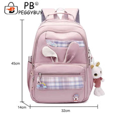 Girl Rabbit Student Backpack Large Capacity Travel Book Backpack Plaid