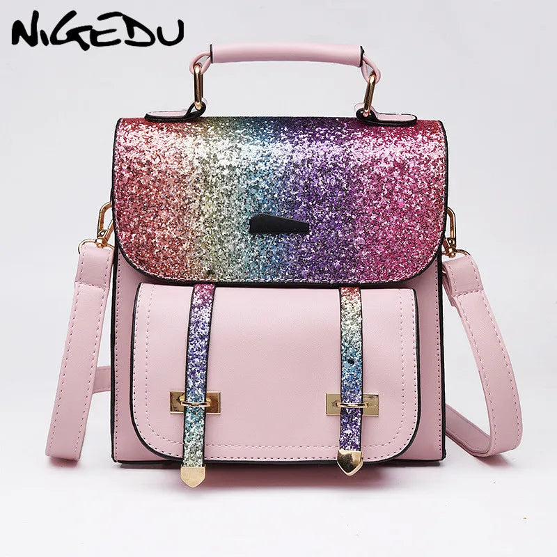 Sequins Women Backpacks PU Leather School Bags for Girls Shining Shoulder Bag