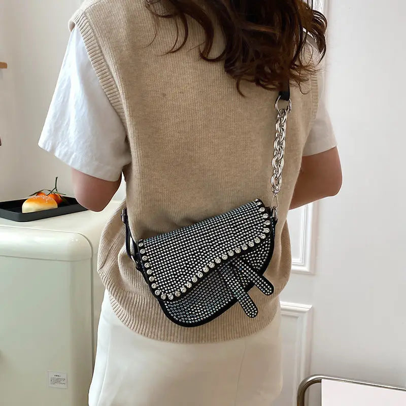 Women's Rhinestone Saddle Bag Crossbody Handbag