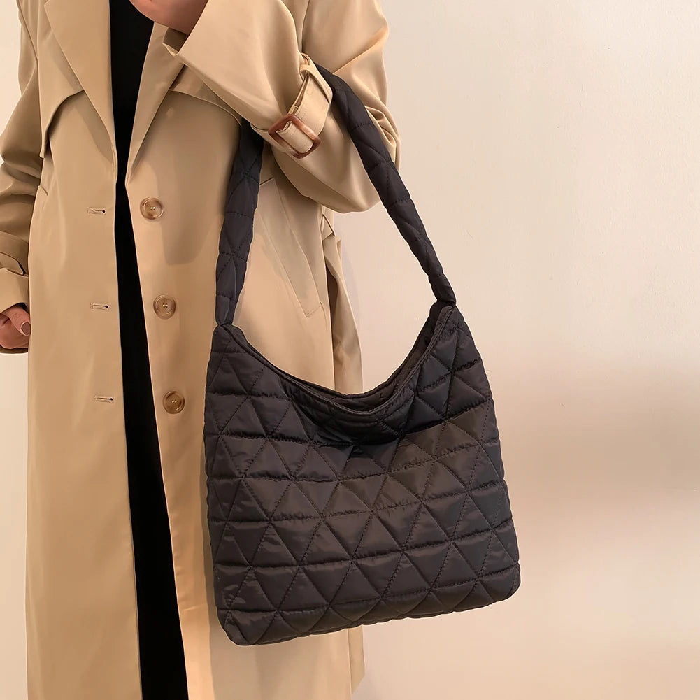 Winter Cotton Padded Shoulder Bag Soft Handbag Casual Quilted Tote Bag