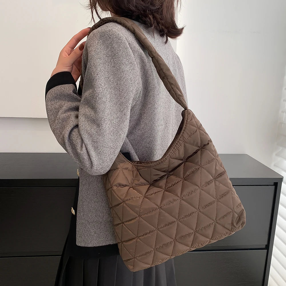 Winter Cotton Padded Shoulder Bag Soft Handbag Casual Quilted Tote Bag