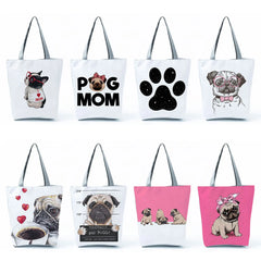 Eco Portable Dog Paw Print Tote Bag Funny Cartoon Pug Handbag