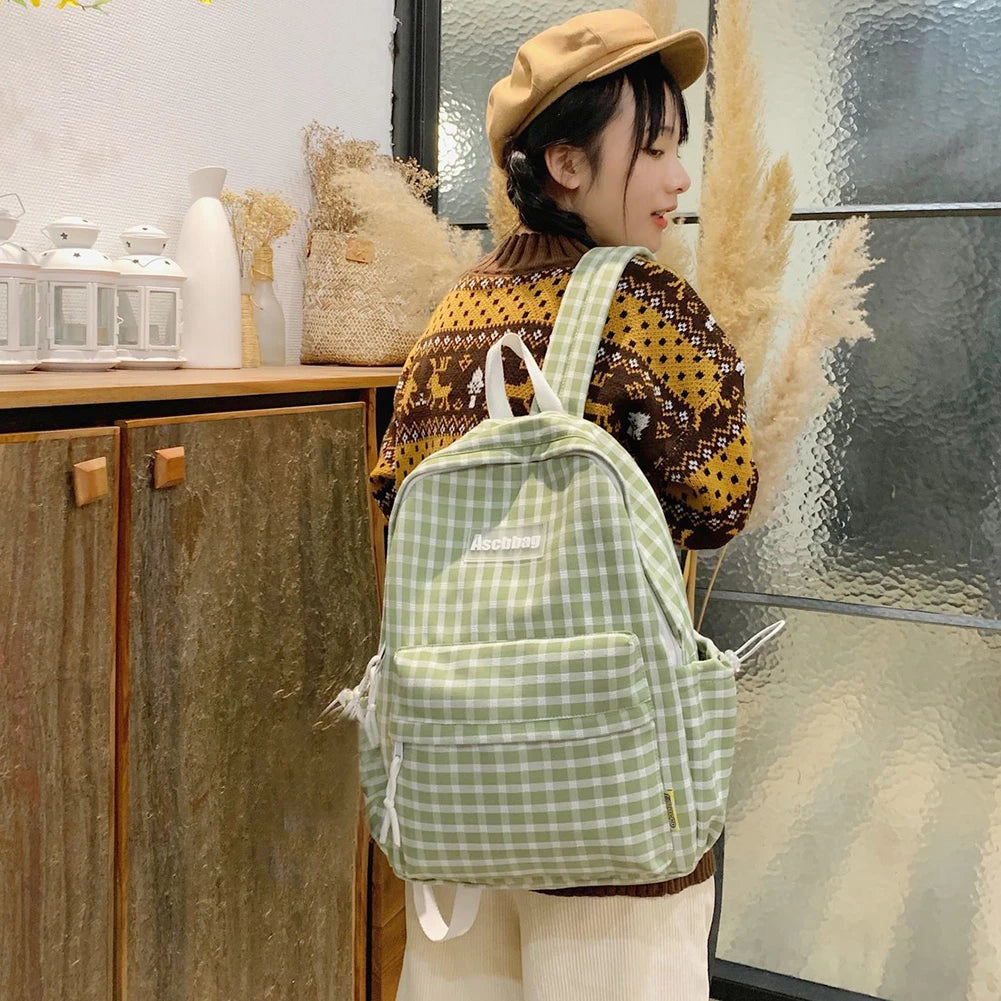 Plaid Backpack Student Schoolbag Laptop Bookbag for Teens Boys Girls