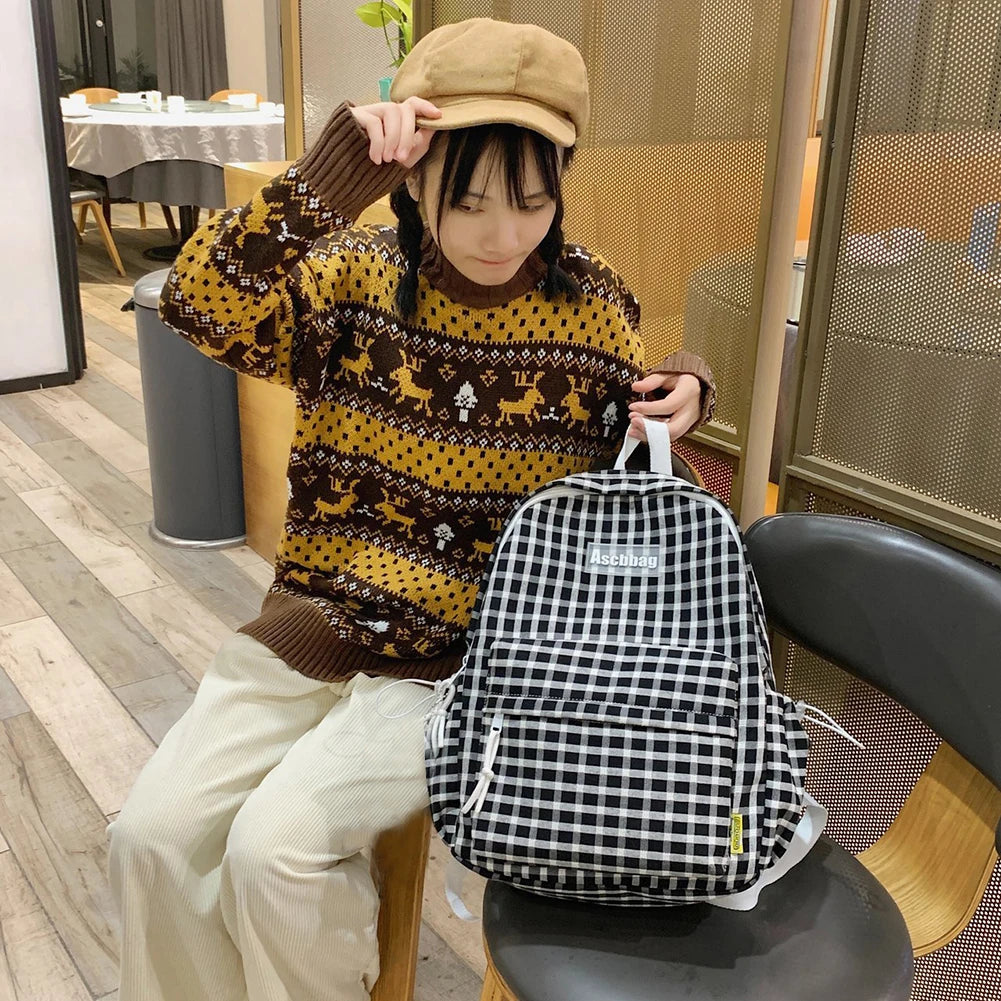 Plaid Backpack Student Schoolbag Laptop Bookbag for Teens Boys Girls