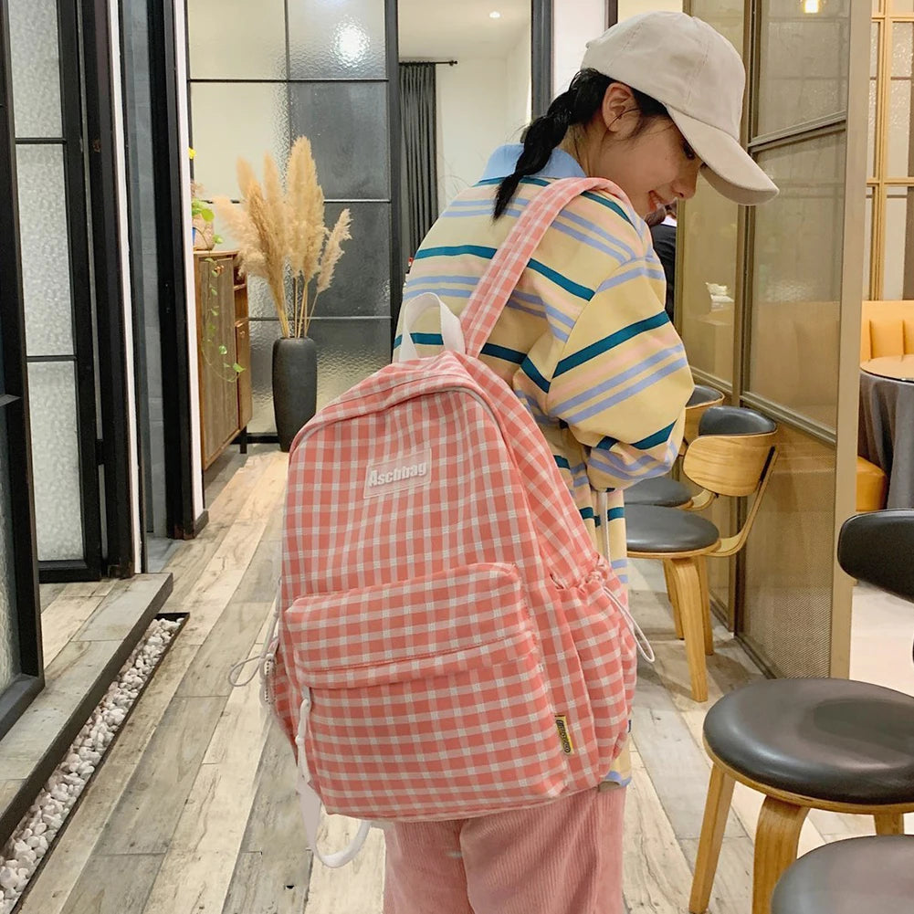 Plaid Backpack Fresh Laptop Bookbag College Schoolbag