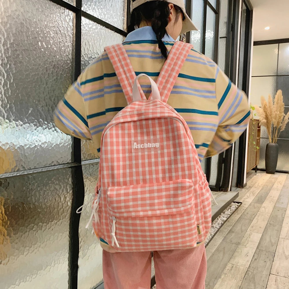Plaid Backpack Student Schoolbag Laptop Bookbag for Teens Boys Girls