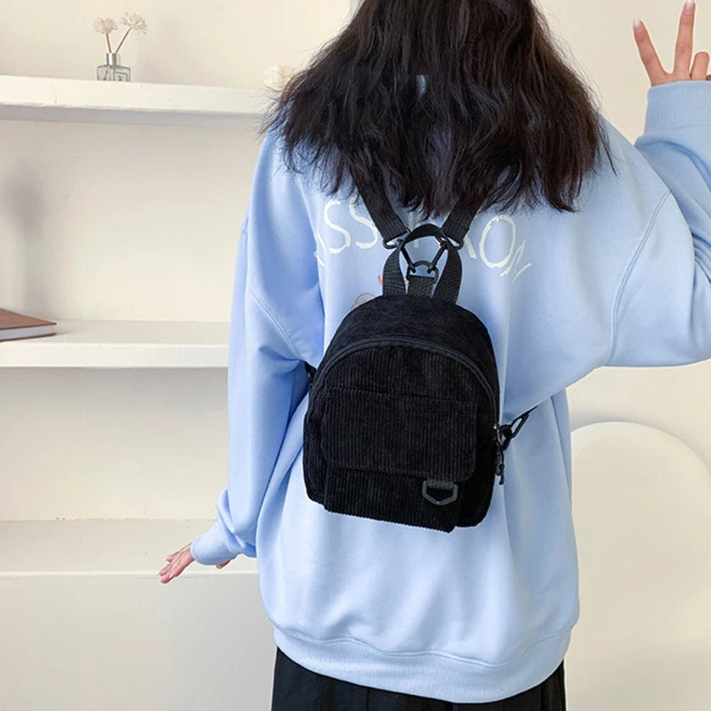 Corduroy Backpack Mini Rucksack Double Shoulder Bag for Travel