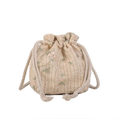Straw Woven Flower Embroidery Shoulder Bag for Women