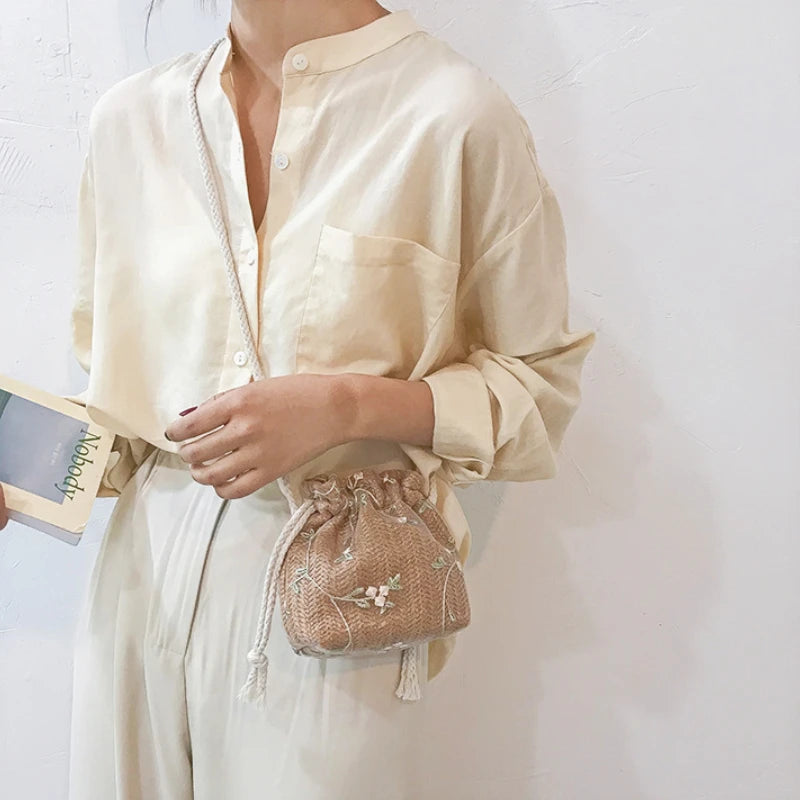 Woven Flower Embroidery Crossbody Bag for Women Beach Travel