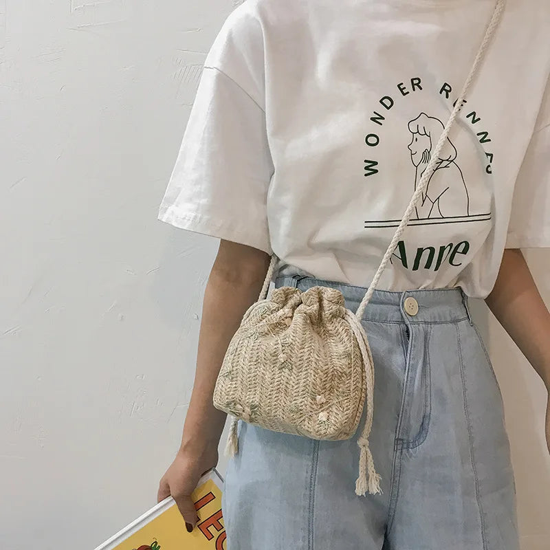 Woven Flower Embroidery Crossbody Bag for Women Beach Travel