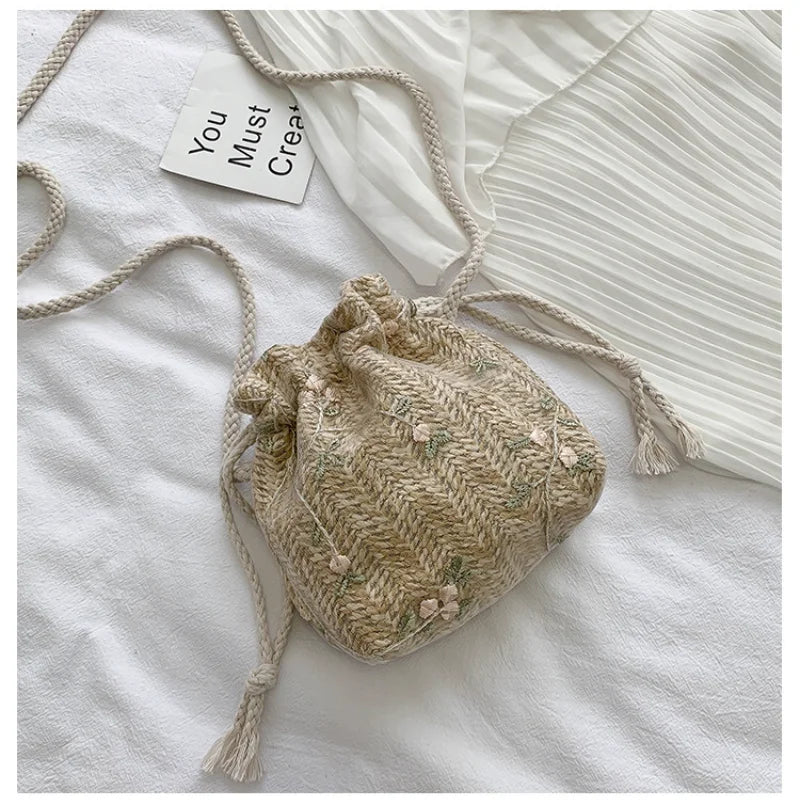 Woven Flower Embroidery Crossbody Bag for Women Beach Travel