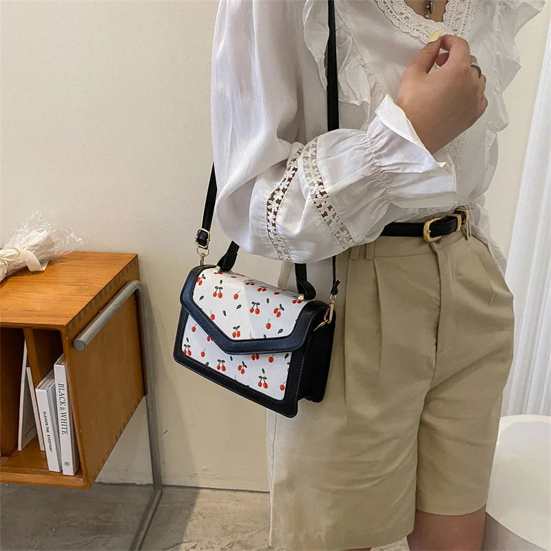 Small Square Women Shoulder Crossbody Bag Cherry Pattern Female