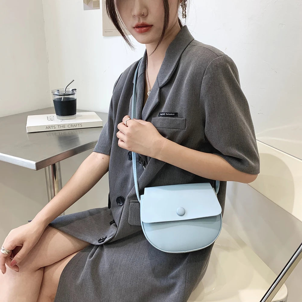 Solid Leather Women Saddle Bag Flap Small Shoulder Purse Handbags