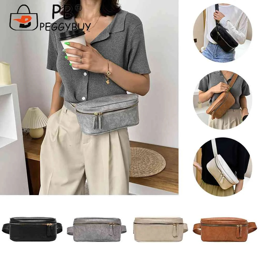 Women PU Leather Zipper Waist Bag Casual Shoulder Crossbody Pack
