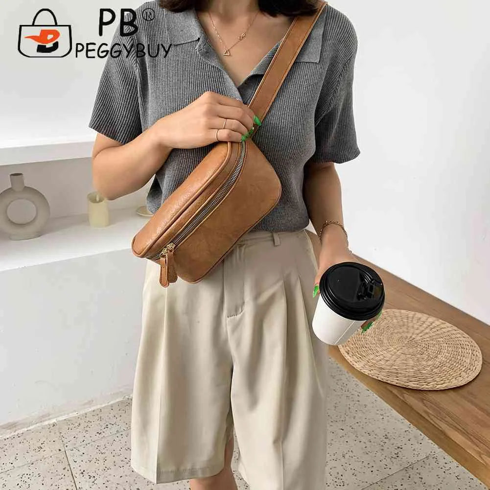 Women PU Leather Zipper Waist Bag Casual Shoulder Crossbody Pack