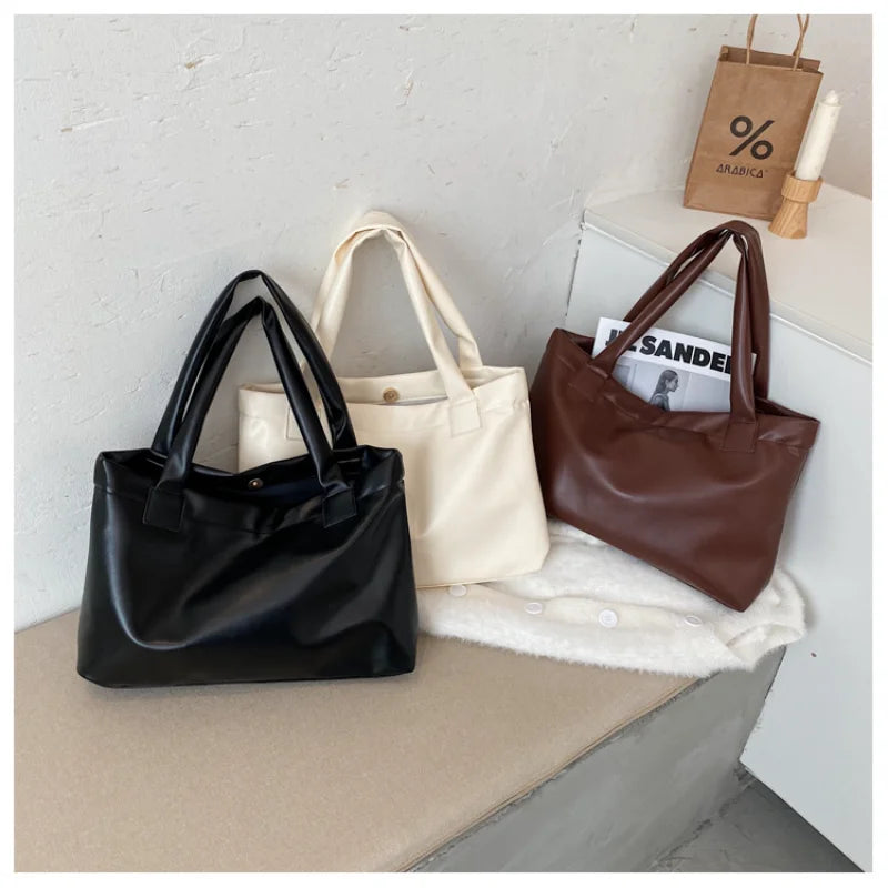 Solid Women Large Capacity Shoulder Handbag Tote Casual PU Leather