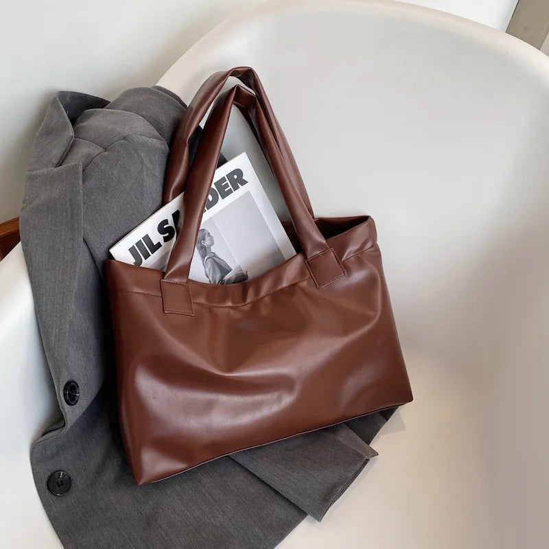 Solid Women Large Capacity Shoulder Handbag Tote Casual PU Leather