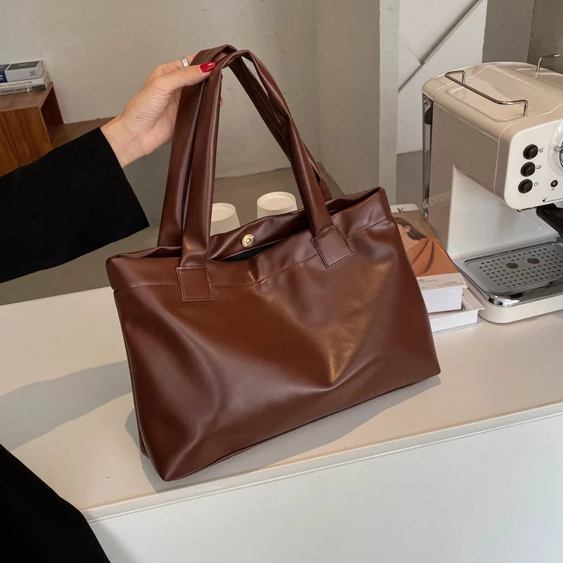 Solid Women Large Capacity Shoulder Handbag Tote Casual PU Leather