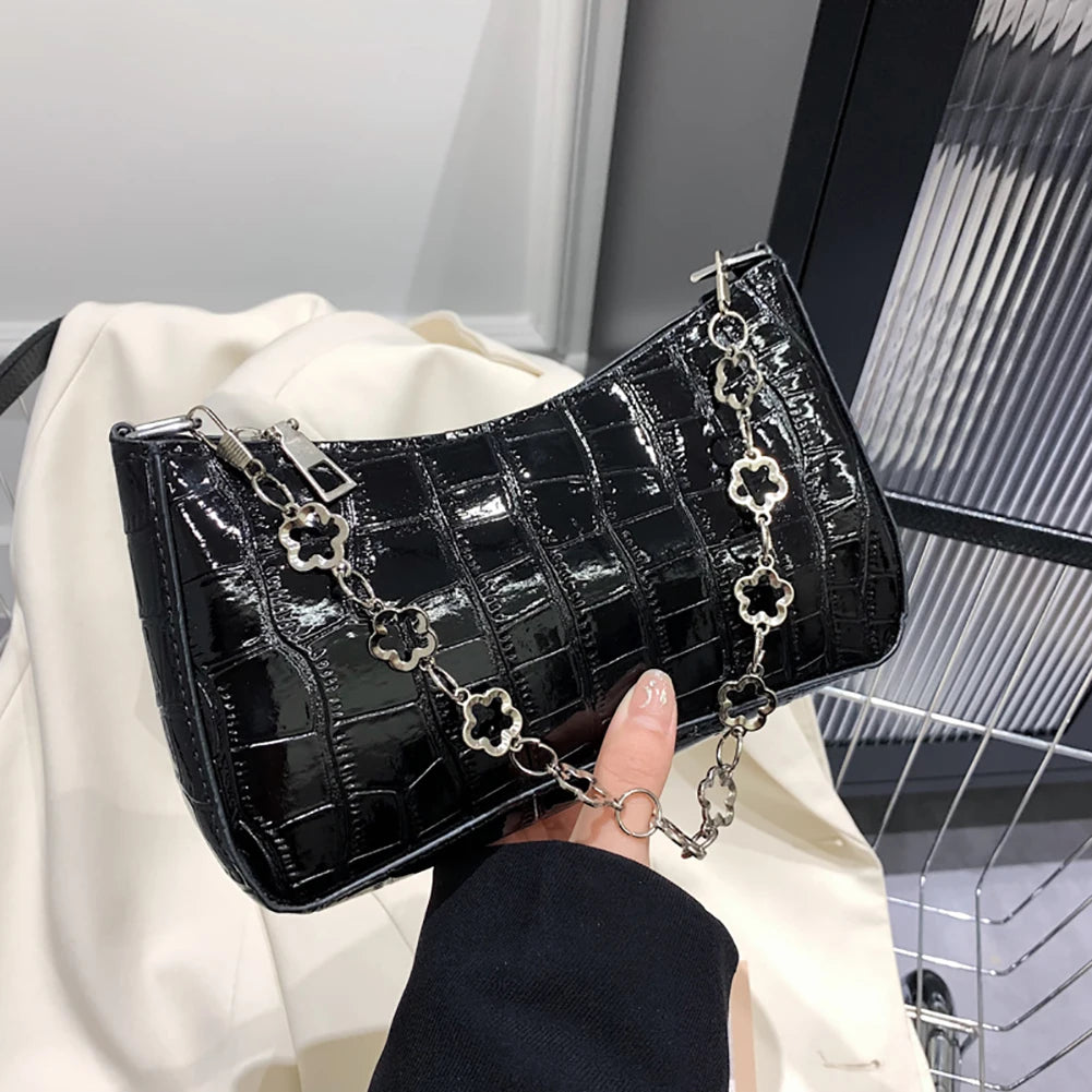 Stone Pattern Leather Women Shoulder Bag Flower Chain Handbag Tote