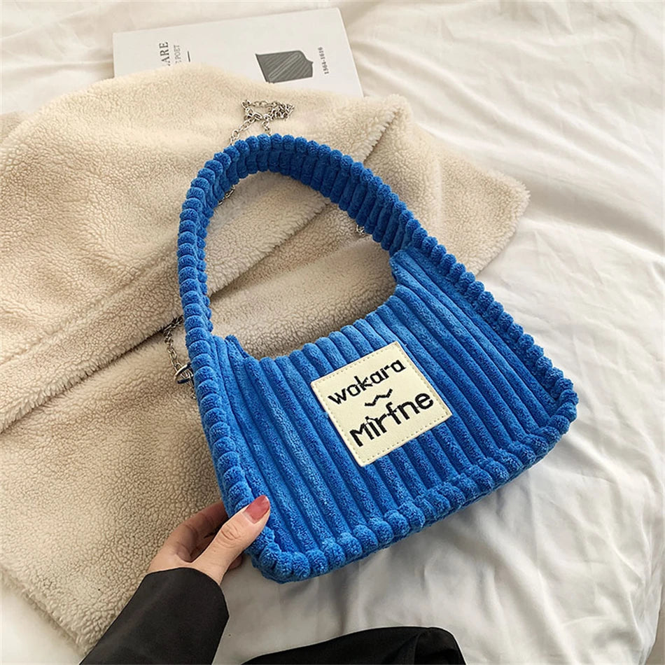 Striped Shoulder Bag Corduroy Tote Handbag Crossbody Spring Female Bag