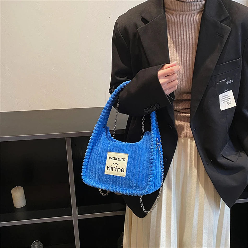 Striped Shoulder Bag Corduroy Tote Handbag Crossbody Spring Female Bag