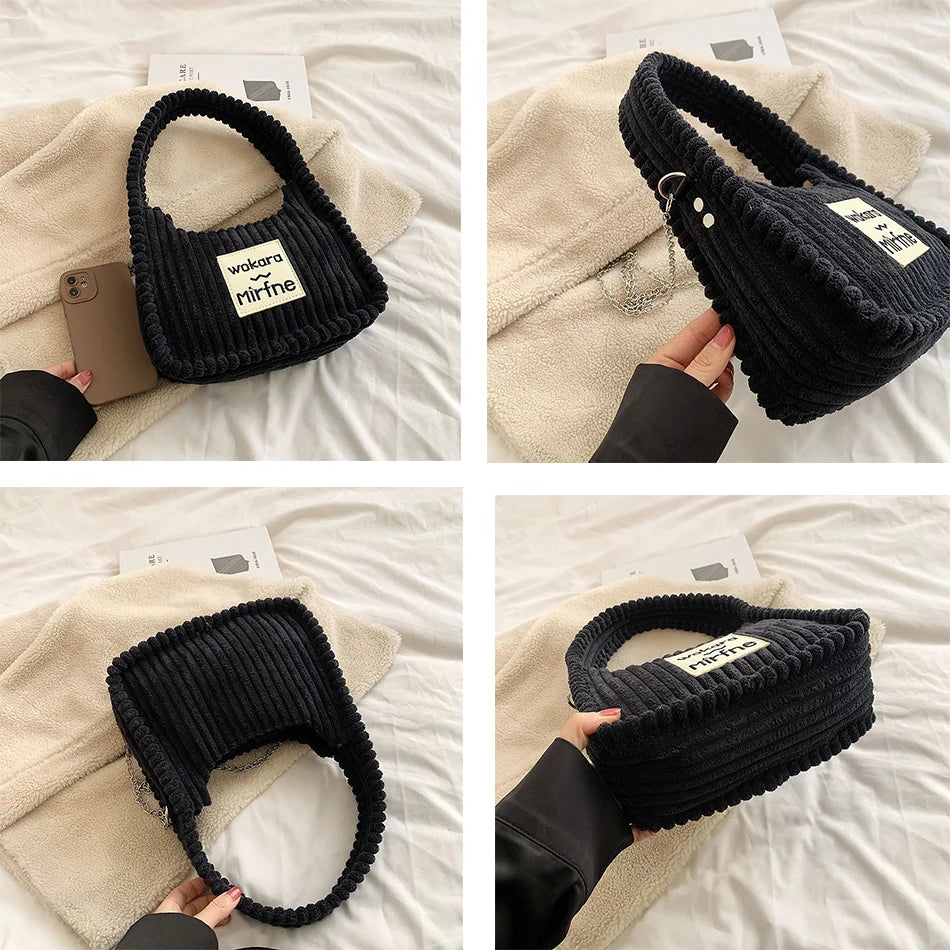 Striped Shoulder Bag Corduroy Tote Handbag Crossbody Spring Female Bag