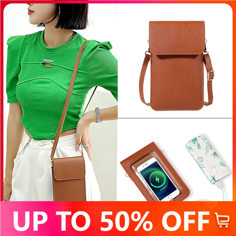 Women's Leather Wallet Crossbody Phone Bag with Touch Screen