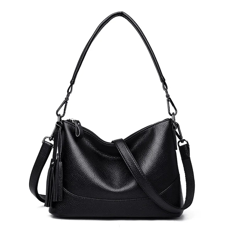 Vintage Leather Tassel Handbag Women's Casual Hobo Tote Shoulder Bag