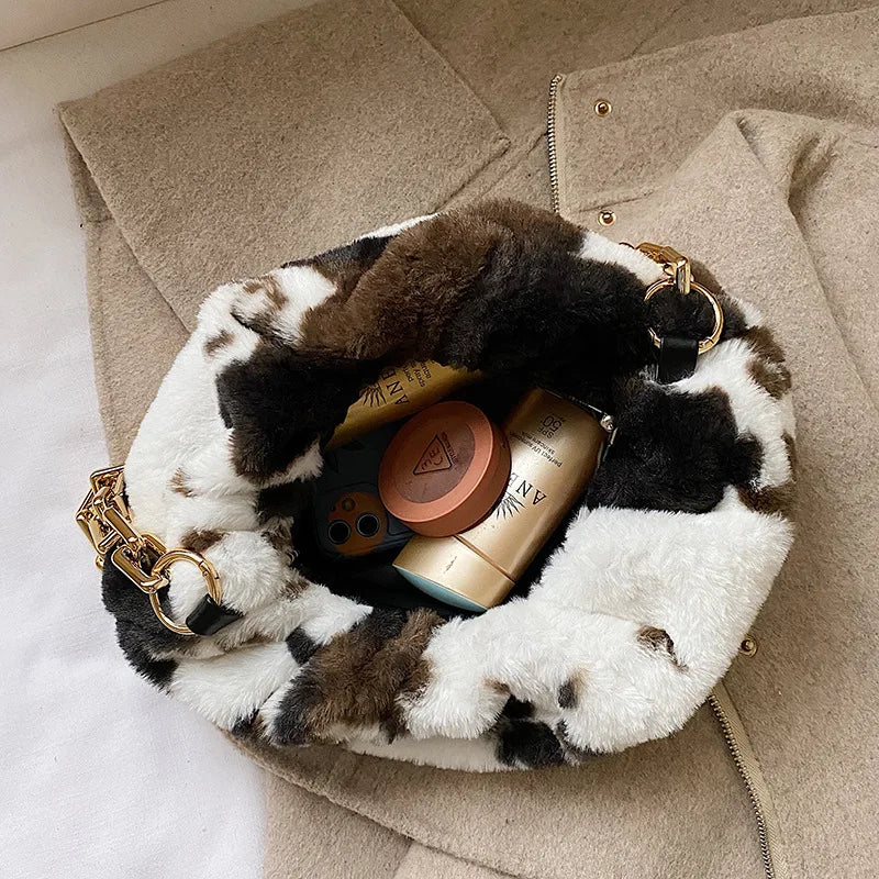 Cow Pattern Plush Shoulder Bag Winter Zipper Handbag for Women