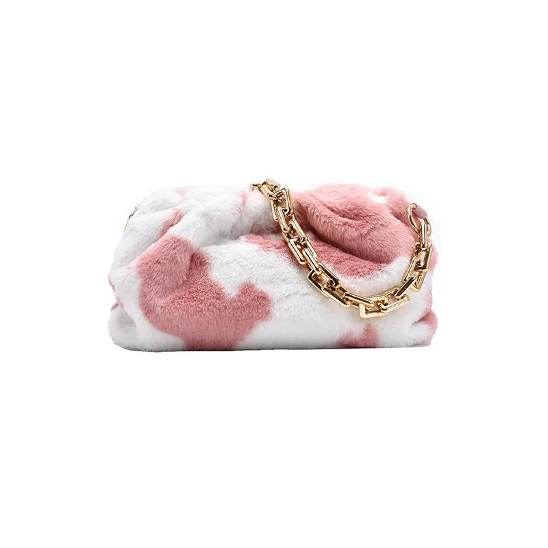 Cow Pattern Plush Shoulder Bag Winter Zipper Handbag for Women