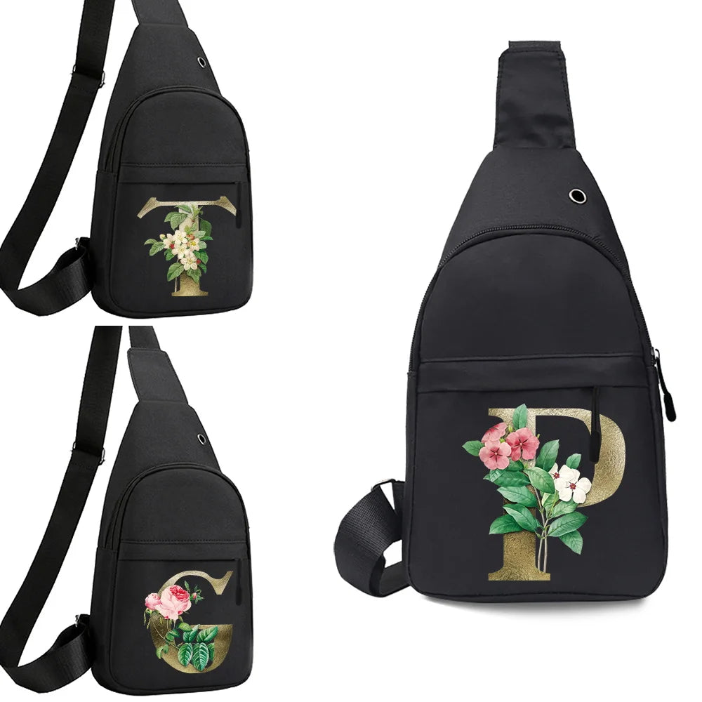 Golden Flower Letter Print Waist Pack Crossbody Chest Bag Unisex Hip Bum Bag