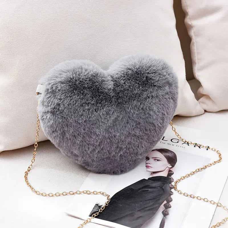 Heart Shaped Faux Fur Bag with Chains Winter Princess Plush Ins
