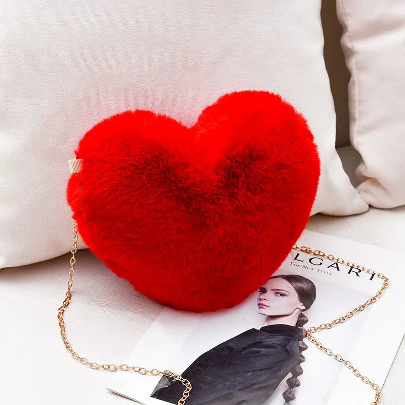 Heart Shaped Faux Fur Bag with Chains Winter Princess Plush Ins
