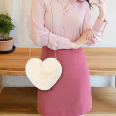Heart Shaped Faux Fur Bag with Chains Winter Princess Plush Ins