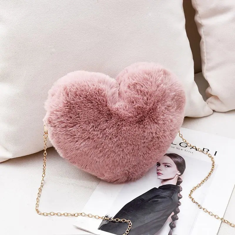 Heart Shaped Faux Fur Bag with Chains Winter Princess Plush Ins