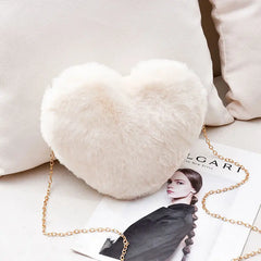 Heart Shaped Faux Fur Bag with Chains Winter Princess Plush Ins