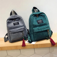 Corduroy Campus Style Mini Backpack Solid Color Double Shoulder Bag