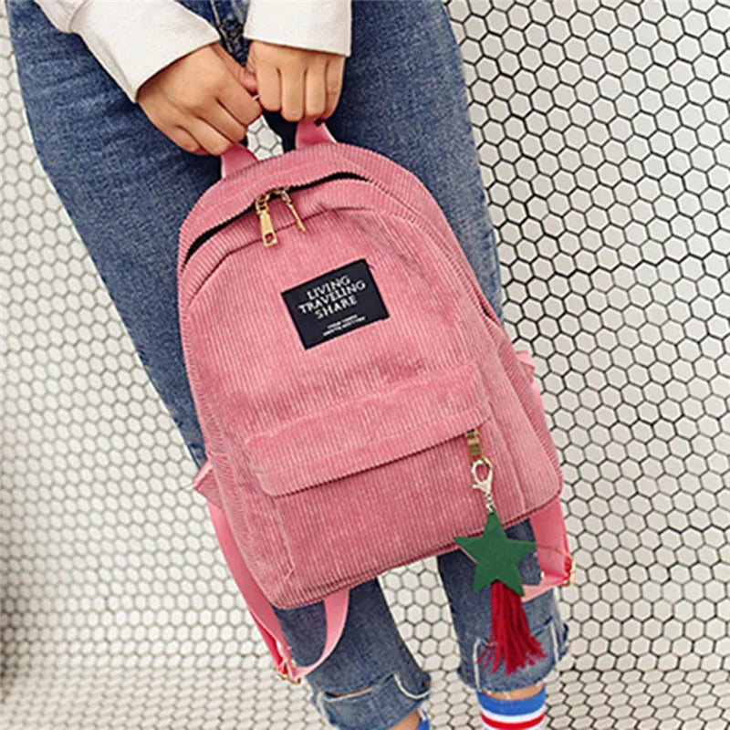 Campus Style Corduroy Backpack Solid Color Double Shoulder Bag