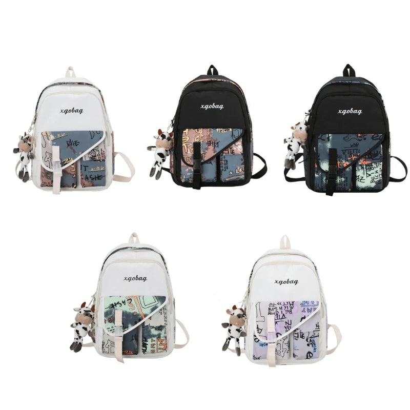 Women Backpack with Pendant Casual Girl College School Bag Bookbag