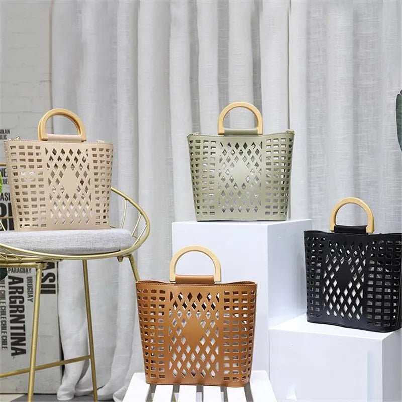 Hollow Out Beach Bag Wood Handle Tote Bag PU Leather Shoulder Bag