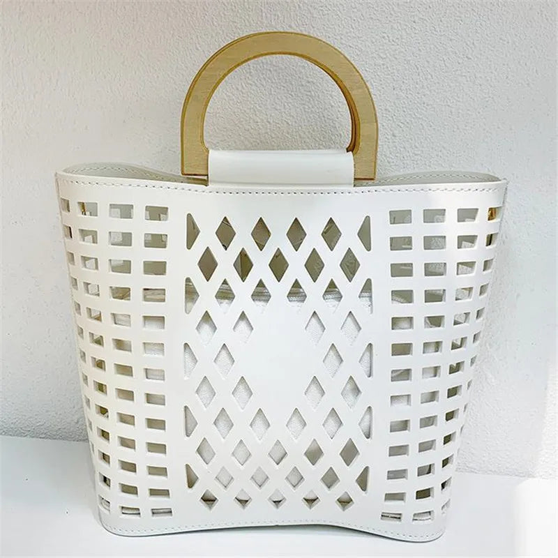 Hollow Out Beach Bag Wood Handle Tote Bag PU Leather Shoulder Bag