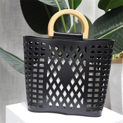 Hollow Out Beach Bag Wood Handle Tote Bag PU Leather Shoulder Bag