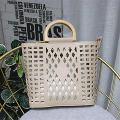 Hollow Out Beach Bag Wood Handle Tote Bag PU Leather Shoulder Bag