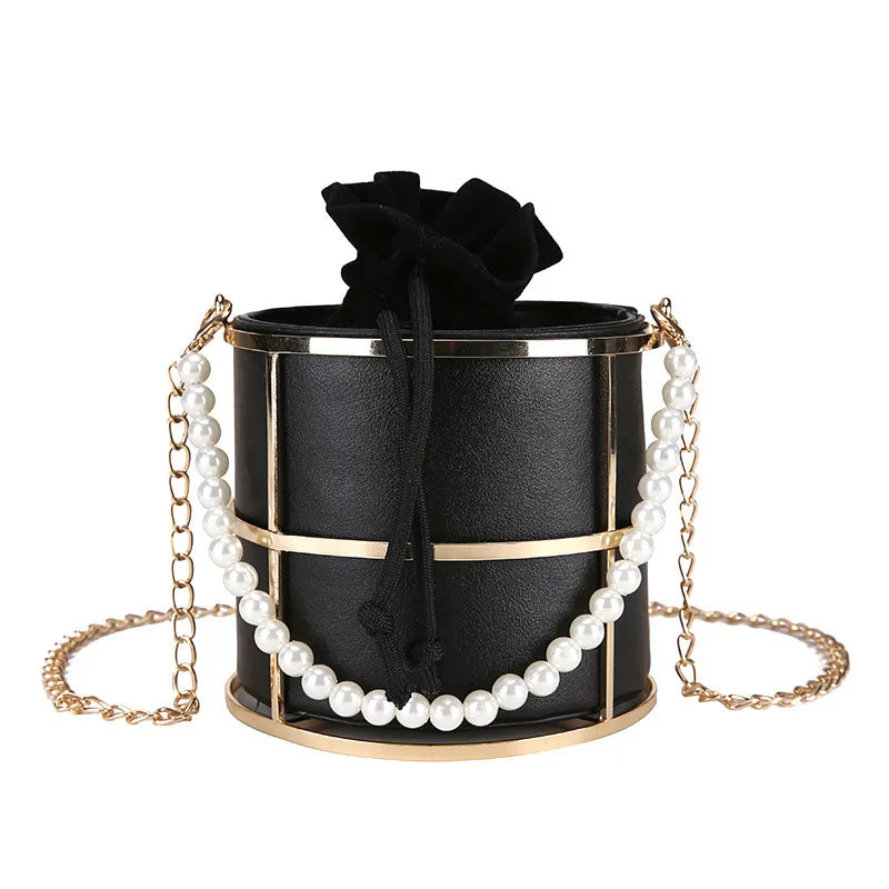 Pearls Beaded Handle Women Bucket Bags Chain Shoulder Crossbody Evening Clutch