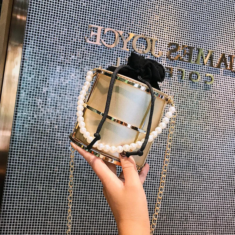 Pearls Beaded Handle Women Bucket Bags Chain Shoulder Crossbody Evening Clutch