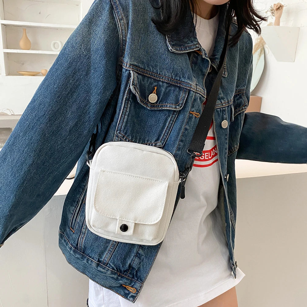 Women Canvas Shoulder Handbags Solid Student Phone Purse Zipper Small Messenger