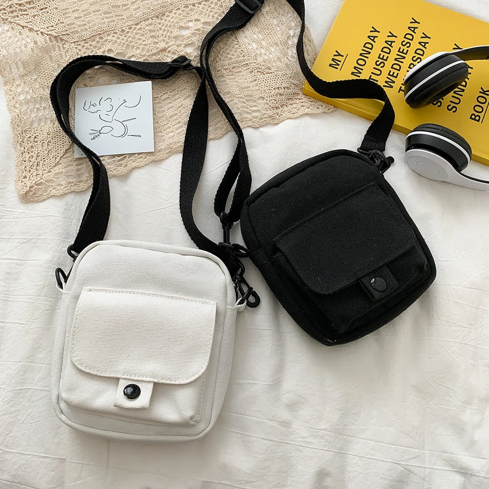 Women Canvas Shoulder Handbags Solid Student Phone Purse Zipper Small Messenger