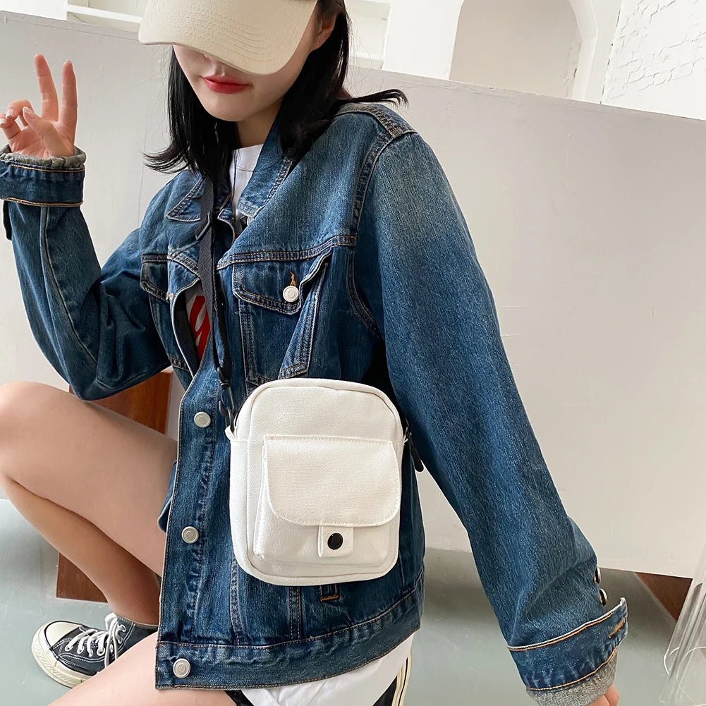 Women Canvas Shoulder Handbags Solid Student Phone Purse Zipper Small Messenger