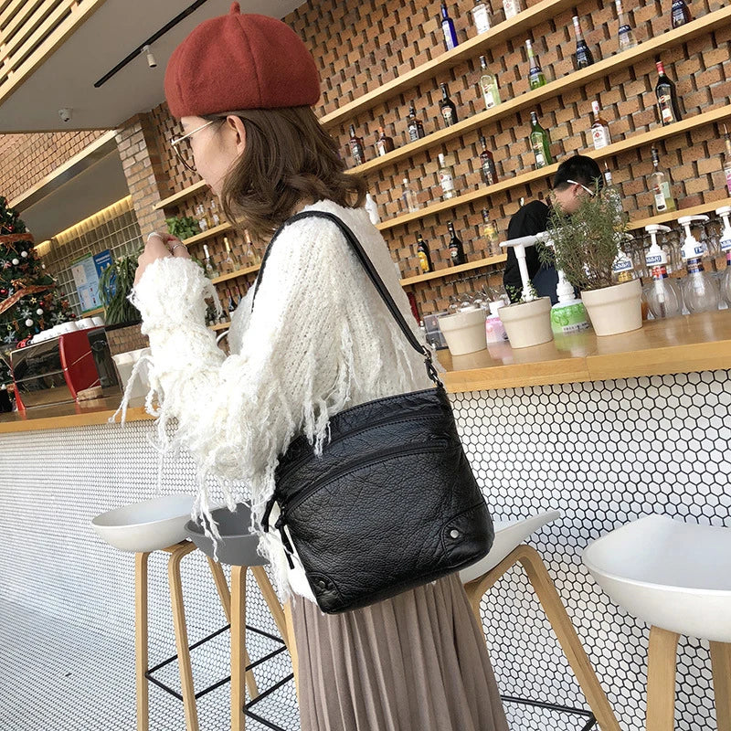 Women Crossbody Bag Soft Washed PU Leather Shoulder Bag Patchwork Messenger Bag